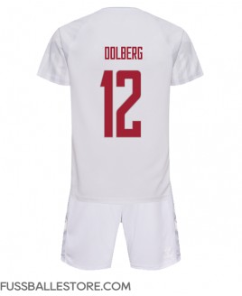 Günstige Dänemark Kasper Dolberg #12 Auswärts Trikotsatzt Kinder WM 2022 Kurzarm (+ Kurze Hosen)